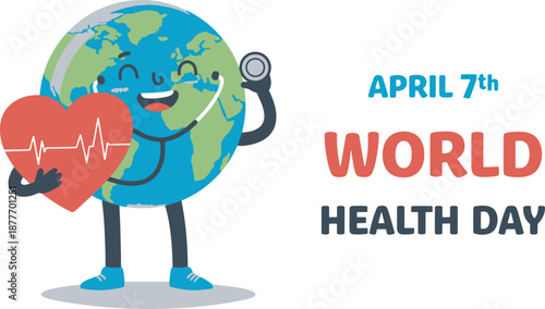 Cheerful cartoon earth character holding a red heart with a cardiogram and a stethoscope celebrating world health day on april 7th with a joyful healthy and vibrant illustration