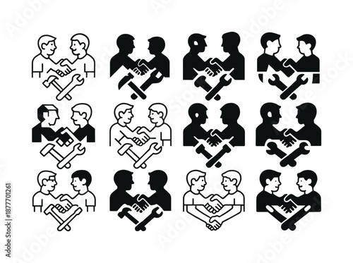Father-Son Project Icons. A father and son working together on a home improvement project. Icon set. Set Logo of A father and son working together on a home