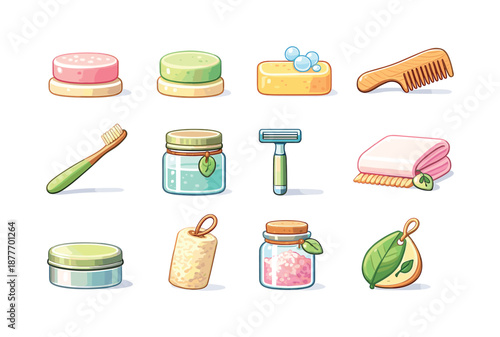 Eco Bathroom Essentials. Plastic-Free Bathroom. Colorful flat vector icons set of Plastic-Free Bathroom: shampoo bar, conditioner bar, bar soap, wooden comb,