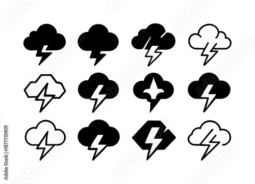 Storm Cloud Icon Set. stormy clouds. Icon set. Set Logo of stormy clouds: lightning bolt. harmonious logo variations of the same emblematic concept, each with