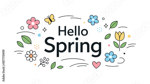 Spring Floral Greeting. Hello spring banner. Decorative flowers, leaves, and abstract shapes gently floating around a central text area. Cheerful and welcoming