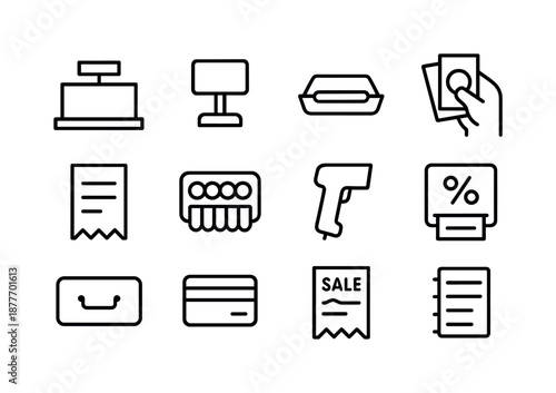Retail Icons Set. Retail Cash Desk. Line icon set of Retail Cash Desk: counter icon, register screen, bill tray, cash counting, receipt icon, coin dispenser,