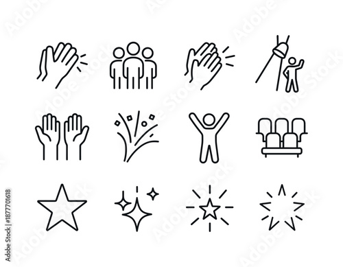 Standing Ovation Icons. Standing ovation. Line icon set of Standing ovation: clapping hands, rising crowd, applause motion, stage spotlight,