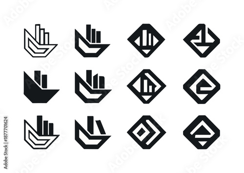Geometric Bookshelf Icons. Geometric bookshelf with a modern, artistic design. Icon set. Set Logo of Geometric bookshelf with a modern, artistic design: