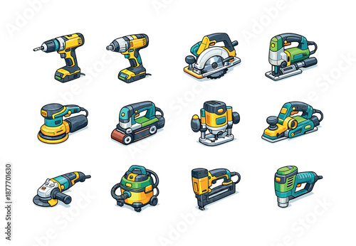 Colorful Power Tools Icons. Power tools. Colorful isometric vector icons set of power tools: drill, impact driver, circular saw, jigsaw, orbital sander, belt