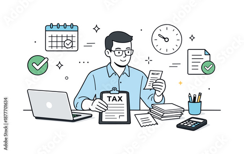 Organized Tax Preparation. Tax season preparation. Accountant calmly reviewing documents and receipts at a desk with a laptop, organizing paperwork before the