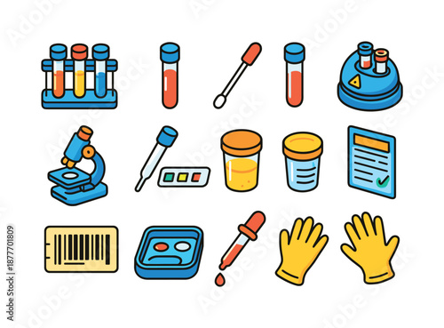 Colorful Medical Icons. Medical testing. Colorful isometric vector icons set of medical testing: test tubes, blood sample vial, swab stick, centrifuge,