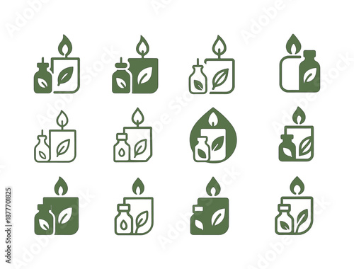 Eco-Friendly Candle Icons. Candle making with eco-friendly wax. Icon set. Set Logo of candle making with eco-friendly wax: essential oil bottle. harmonious