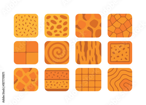 Colorful Cork Textures. Cork textures. Colorful flat vector icons set of cork textures: fine-grain cork, medium-grain cork, coarse cork, cork mosaic, cork tile