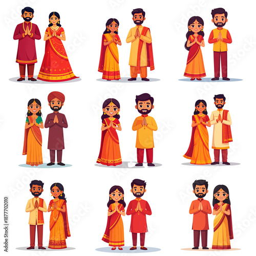 Flat Vector Illustration Set of Indian Couples Performing Namaste Greeting in Traditional Attire, Symbolizing Indian Heritage and Hospitality. Ideal for Diwali, Ganesh Chaturthi, Dussehra.