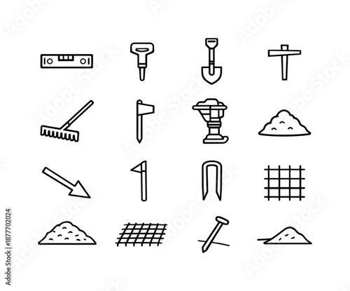 Terrain Preparation Icons. Terrain preparation. Line icon set of Terrain preparation: leveling tool, soil probe, trench shovel, grading marker, rake tool,