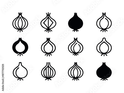 Onion Logo Variations. Onion. Icon set. Set Logo of onion: onion with root fibers. harmonious logo variations of the same emblematic concept, each with
