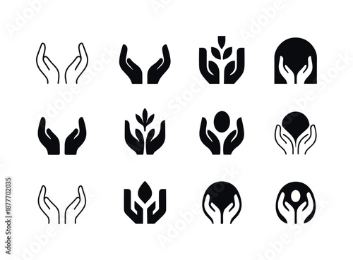 Therapeutic Touch Icons. Therapeutic touch. Icon set. Set Logo of therapeutic touch: healing hands. harmonious logo variations: Minimal outline, Filled