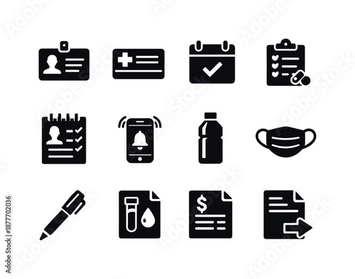 Doctor's Essentials Icons. Doctor?s visit essentials. Solid icon set of doctor?s visit essentials: ID card, health insurance card, appointment slip, medication