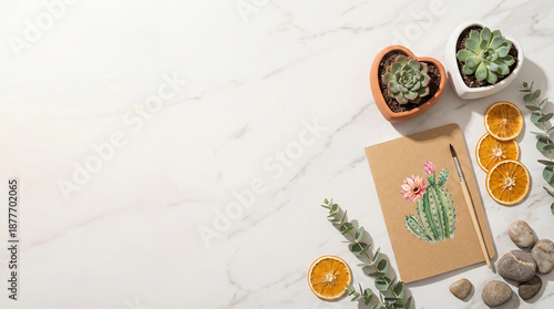 Wallpaper Mural Botanical Valentine flat lay with heart succulents, watercolor notebook and dried citrus on marble background, ample copy space for text or logo, ai generation Torontodigital.ca