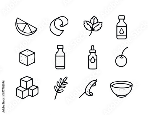 Cocktail Ingredients Icons. Cocktail ingredients. Line icon set of Cocktail ingredients: lime wedge, orange peel, mint sprig, sugar cube, simple syrup bottle,