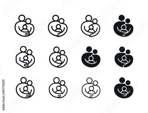Family Support Icons. Family support systems in times of crisis. Icon set. Set Logo of family support systems in times of crisis: supportive arm around family.