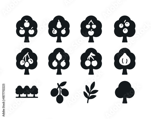 Black Fruit Tree Icons. Fruit trees. Solid icon set of fruit trees: apple tree, pear tree, cherry tree, orange tree, plum tree, lemon tree, peach tree, fig
