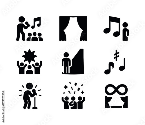 Live Show Icons. Live show moments. Solid icon set of Live show moments: opening act icon, curtain rise, first note icon, crowd cheer burst, spotlight hit, key