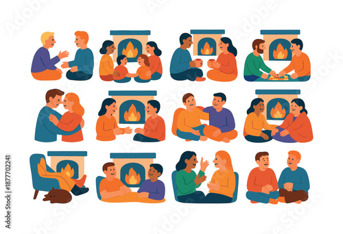 Cozy Fireplace Icons. Fireplace bonding. Colorful flat vector icons set of fireplace bonding: two friends chatting, family sitting circle, sharing stories,