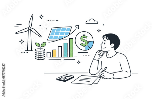 Sustainable Energy Growth. Renewable energy investments. Character reviewing wind turbine and solar panel icons alongside financial charts. Calm