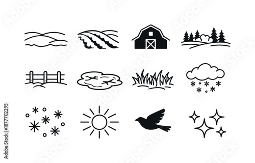 Winter Field Icons. Winter fields. Line icon set of winter fields: snow-covered ground, plowed rows under snow, barn silhouette, distant tree line, fence