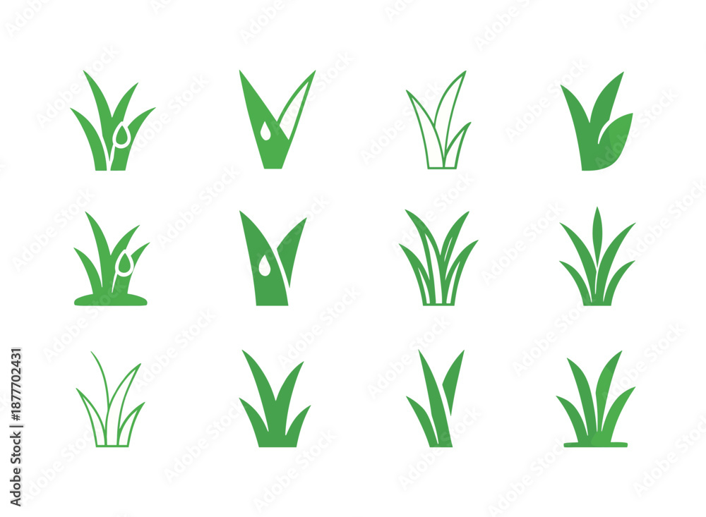 Fototapeta premium Grass Logos Collection. Grass. Icon set. Set Logo of grass: dew-covered grass blade. harmonious logo variations of the same emblematic concept, each with