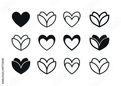 Heart Icons Grid. Open Heart. Icon set. Set Logo of Open Heart: Heart with unfolding petals: Filled silhouette, Minimal outline, Stylized detail, Iconic shape,