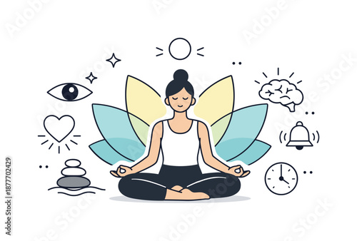 Mindful Balance Art. Mindfulness and yoga editorial illustration. Minimal person, lotus flower, and abstract meditation icons arranged in a balanced