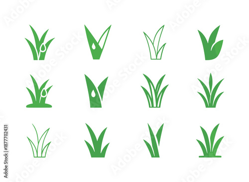 Grass Logos Collection. Grass. Icon set. Set Logo of grass: dew-covered grass blade. harmonious logo variations of the same emblematic concept, each with