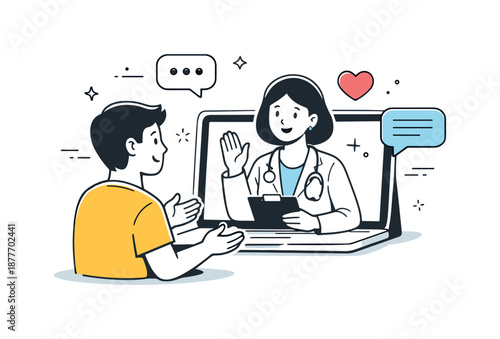 Virtual Doctor Consultation. Online doctor consultation. Patient and doctor talking through a video call on a laptop or tablet, exchanging information with