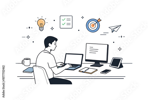 Focused Workspace Illustration. Solo founder workspace. A person working alone at a clean desk with multiple devices. Quiet determination and focus, minimal