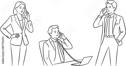 Three business professionals engaged in phone conversations with a laptop.