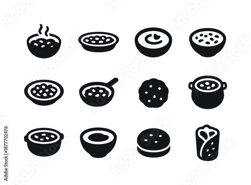 Bean Dish Icon Set. Bean dishes. Solid icon set of Bean dishes: chili bowl, baked beans dish, hummus bowl, bean soup bowl, bean salad plate, refried beans pan,