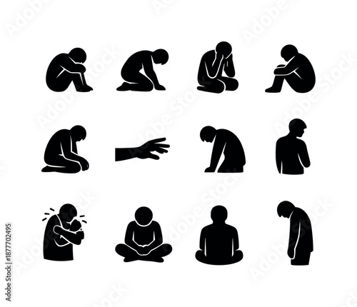 Emotional Silhouette Icons. Emotional silhouettes. Solid icon set of emotional silhouettes: curled figure, kneeling figure, head-in-hands pose, sitting alone,