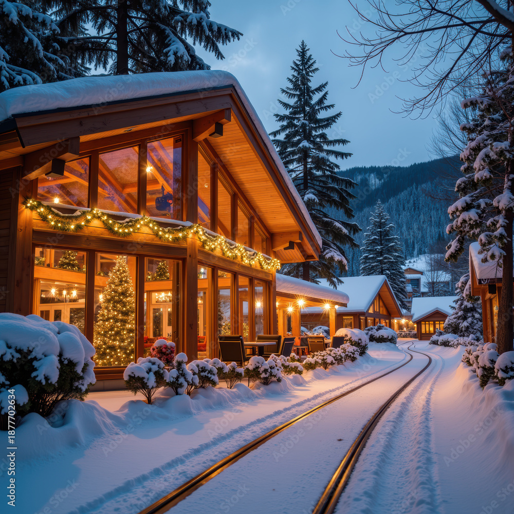 Fototapeta premium Cozy winter cabin scene with snow covered landscape, warm lights, and festive decorations creating magical atmosphere