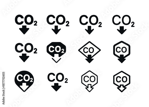 Carbon Icon Variations. Carbon. Icon set. Set Logo of carbon: climate impact arrow. harmonious logo variations of the same emblematic concept, each with