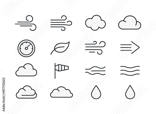 Wind Icon Set. Wind and atmosphere. Line icon set of wind and atmosphere: wind swirl, gust lines, cloud puff, pressure wave, barometer, breeze leaf, storm