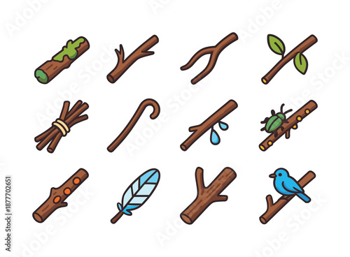 Nature Sticks Icons. Nature sticks. Colorful isometric vector icons set of nature sticks: mossy stick, dry branch, bent twig, stick with leaves, foraged wood,