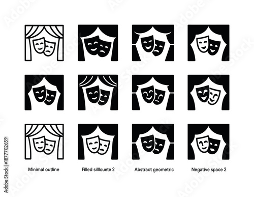 Masked Theater Logos. A live theater performance with actors wearing masks. Icon set. Set Logo of A live theater performance with actors wearing masks: mask on