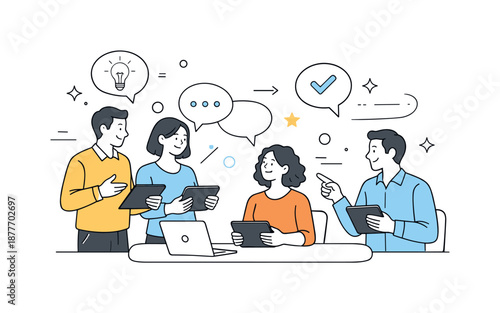 Collaborative Teamwork Illustration. Collaborative teamwork in office space. Team members exchanging ideas with dialogue bubbles and tablets, open