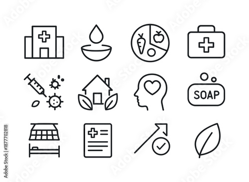 Health Icon Grid. Health and wellbeing. Line icon set of Health and wellbeing: clinic symbol, clean water icon, nutrition plate, first-aid kit, vaccination