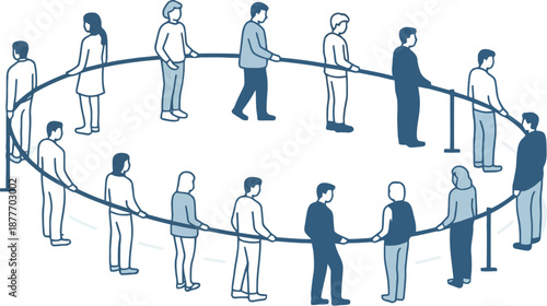 Illustration of diverse business people holding hands in a circle isolated on white background.