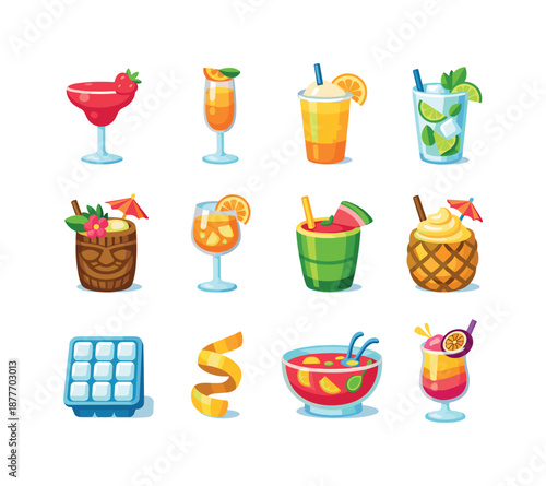 Vibrant Summer Cocktails. Summer Cocktails. Colorful flat vector icons set of Summer Cocktails: strawberry daiquiri, peach bellini, frozen lemonade mix, iced