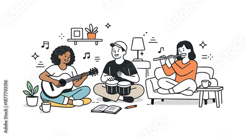 Casual Musical Gathering. Friends playing musical instruments home vibe. Friends playing music in a cozy room with simple decor. Casual creativity and close