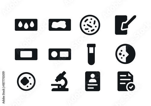 Clinical Diagnostics Icons. Clinical diagnostics slides. Solid icon set of Clinical diagnostics slides: blood smear, tissue biopsy sample, bacteria sample,