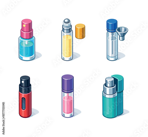 Travel Perfume Collection. Travel Size Perfume. Isometric flat vector icons set of Travel Size Perfume: mini spray bottle, rollerball perfume, refill vial