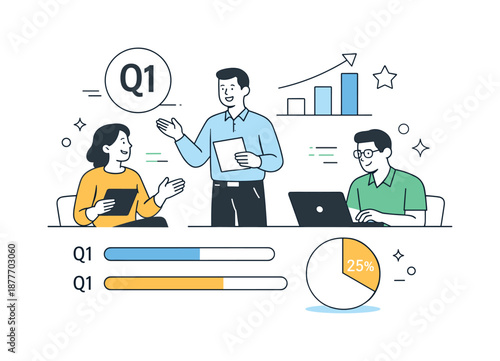 Q1 Progress Review. Quarterly performance kickoff. Team members reviewing early metrics and progress bars labeled Q1. Confident beginning and data-driven