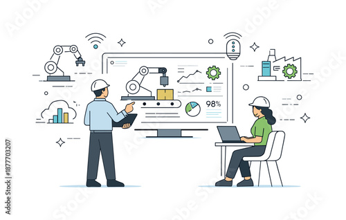 Industry . Automation. Industry . automation concept. Engineers monitoring automated machines on a digital dashboard. Calm control and efficiency, simple icons