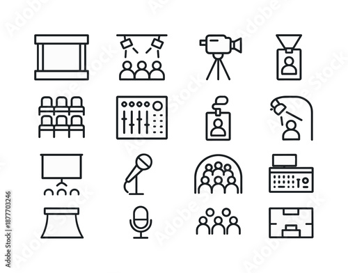 Broadcast Venue Icons. Broadcast venue. Line icon set of Broadcast venue: stage icon, lights over audience, camera on tripod, rows of chairs, sound equipment,